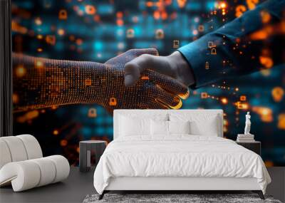 Virtual and human hands shaking with digital and orange light effects on a techno background. Concept of digital handshake and blockchain technology.  Generative AI Wall mural