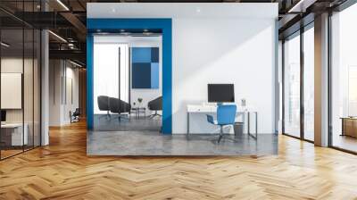 White and blue office waiting room with computer Wall mural