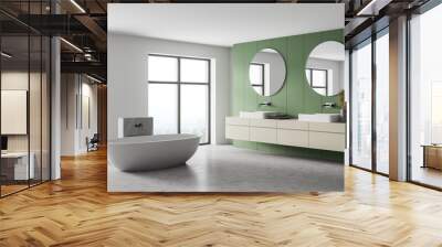 White and green bathroom with white bathtub, mirrors and marble floor Wall mural