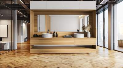 White and wooden bathroom interior with double sink Wall mural