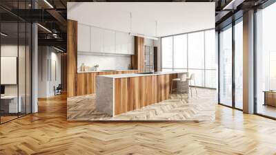 White and wooden kitchen interior with table and chairs, parquet floor Wall mural