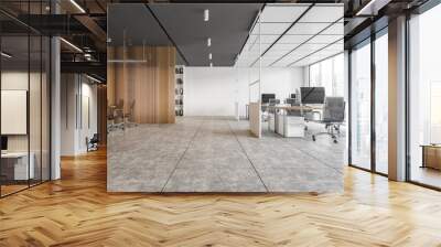 White and wooden office room with armchairs and computers on the tables Wall mural