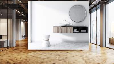 White bathroom with a round sink, mirror Wall mural