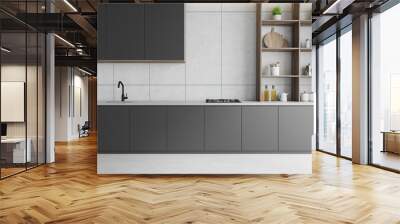 White kitchen with gray countertops and shelves Wall mural