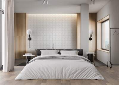 White tile and wood bathroom with tub and column Wall mural