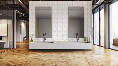 White tile bathroom interior with double sink Wall mural