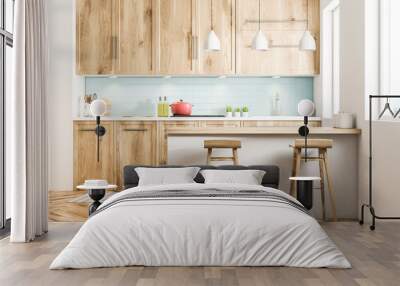 White wooden Scandinavian style kitchen close up Wall mural