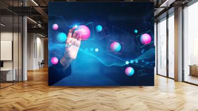 Woman finger touch data block with sphere in virtual world, metaverse Wall mural