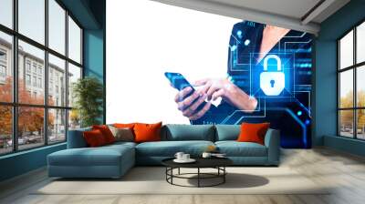 Woman finger touch phone and cybersecurity and lock hologram. Co Wall mural