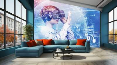 Woman in VR glasses using security interface Wall mural