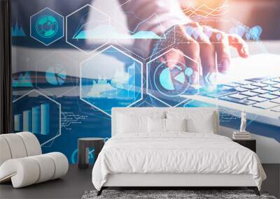 Woman in white typing on laptop, digital graph Wall mural