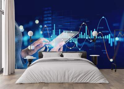 Woman trader with tablet, forex graph Wall mural