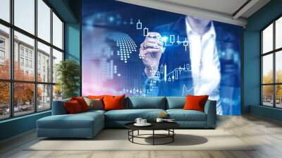 Woman using immersive financial interface Wall mural