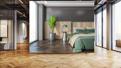 Wooden bedroom, bed with linens on parquet floor and window Wall mural