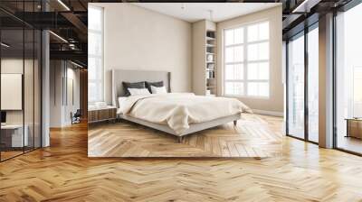 Wooden bedroom with bed and linens, beige walls and window with a city view Wall mural