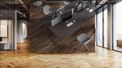 Wooden computer desks in wooden floor office, top view Wall mural