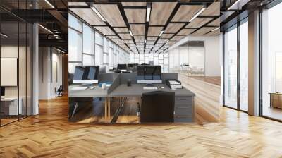 Wooden floor open space office, closeup Wall mural