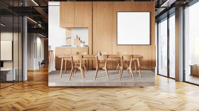 Wooden home kitchen interior with eating table and cooking cabinet. Mockup frame Wall mural