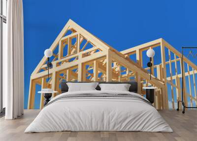 Wooden house frame under construction on a bright blue sky background, concept of home building. 3D Rendering. Wall mural