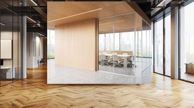 Wooden office room interior with meeting table and chairs, window. Empty wall Wall mural