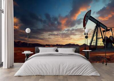 Working Pumpjacks On Sunrise. Silhouette of oil pump jack on rig. Oil drilling company growth. Financial and commodity markets. Ai generative. Wall mural