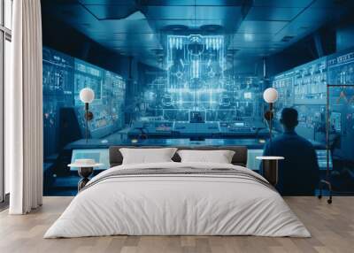 A power plant control room adorned with an array of switches, monitors, and engineers in blue jumpsuits. Wall mural