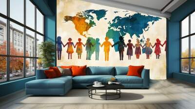 Diverse Group of People Joining Hands, Symbolizing Unity and on World Map Background Wall mural