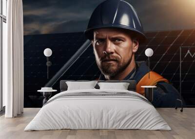 A construction worker poses by a solar panel, highlighting their role in renewable energy. Wall mural