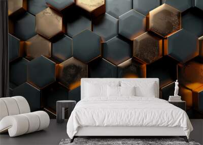 Abstract futuristic luxurious digital geometric technology hexagon background banner illustration 3d - Glowing gold, brown, gray and black hexagonal 3d shape texture wall Wall mural