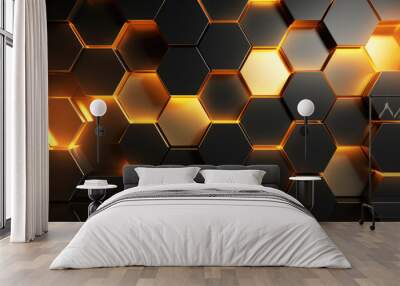 Abstract futuristic luxurious digital geometric technology hexagon background banner illustration 3d - Glowing gold, brown, gray and black hexagonal 3d shape texture wall Wall mural