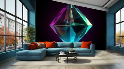 An image of a minimalist neon diamond shape with a gradient of yellow and cyan hues against a clean dark purple background. Wall mural