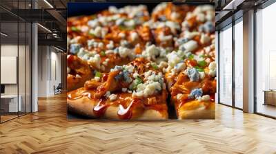 Pizza with salmon, blue cheese and sauce on a black background Wall mural