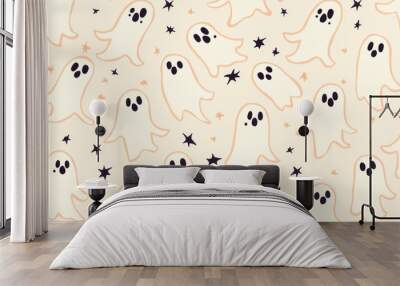 A cute, flying ghost in beige is repeated all over the background, creating a fun Halloween pattern. The ghost is a simple, spooky character. Wall mural