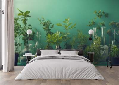 A green background shows a biology lab, where science meets nature.  Plants are shown, highlighting their chemical makeup and structure. Wall mural