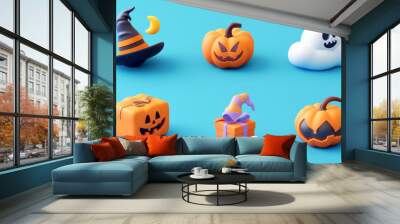 A set of spooky Halloween icons in 3D. Includes a pumpkin, gift box, witch's hat, candy, moon and clouds, and a magic broom. Wall mural