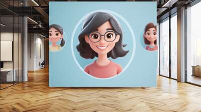 A smiling woman's face, a user icon, and close-ups of a woman and a young girl in a circle. These happy, cartoon-style characters are part of a set of people designed in a realistic 3D style. Wall mural