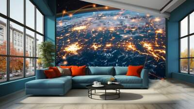 Networks connect businesses worldwide. They share data, connect customers, hire globally, provide support, and collaborate. Technology and social media play crucial roles in these networks' success. Wall mural