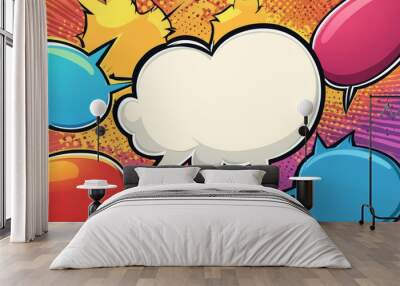 This design includes empty comic book speech bubbles, perfect for adding your own words. It's a colorful template with a pop art style background, ready for you to create your own superhero story! Wall mural