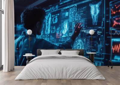 This image shows how digital technology is changing healthcare. It uses futuristic designs to highlight medical advancements and scientific concepts. Wall mural