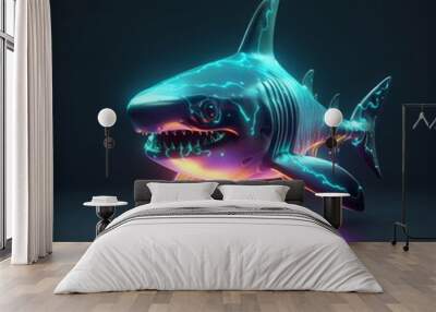 3d Shark catoon, glowing, neon, mystic sea Wall mural