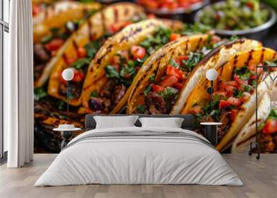 A close-up of several grilled steak tacos topped with fresh cilantro and diced tomatoes Wall mural