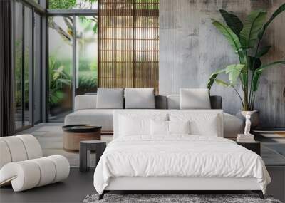 A modern, white sectional sofa sits in a minimalist living room with large windows and a tropical plant Wall mural