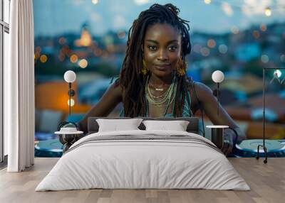 A woman with dreadlocks DJs on a rooftop at night, with city lig Wall mural