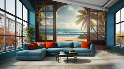 Beautiful view window for luxury lifestyle design. Natural background. Stock illustration. Summer nature decoration with palm. Travel Design background. Wall mural