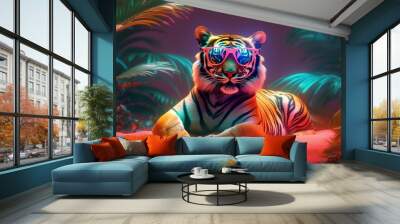 Fashion tiger wearing sunglasses in hipster style on tropical background. Beautiful tiger. Summer seamless. Tiger animal skin background. Wall mural