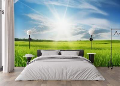 Green beautiful panoramic natural landscape of a green field in beautiful style on white background. Summer vacation. Spring season. Natural background. Travel background. Natural beauty. Wall mural