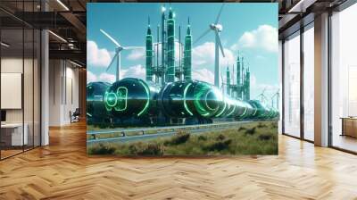 Green hydrogen pipeline wind turbines in modern style. Modern for concept design. Green energy production. Electricity equipment. Generative Ai Wall mural