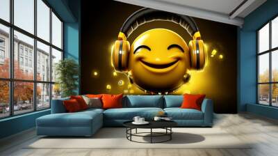 Smiley Listen Music emoji features a yellow face with eyes, wearing headphones and a wide, happy smile. It conveys the joy and enjoyment of listening to music. Generative AI Wall mural