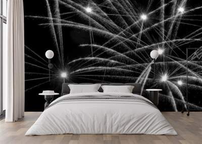 Fireworks sparks lighting on the dark sky; black and white photo. Wall mural