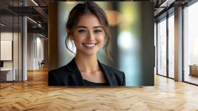 Smiling Female Entrepreneur with Natural Makeup in Corporate Setting Wall mural